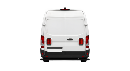 Rear view of white cargo van isolated on transparent background