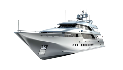 Sleek yacht gleams, silver against a black backdrop