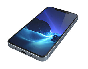 Sleek smartphone shows blue-toned landscape display