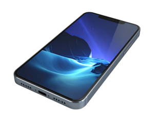 Sleek smartphone shows blue-toned landscape display