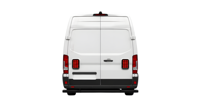 Rear view of white cargo van isolated on transparent background