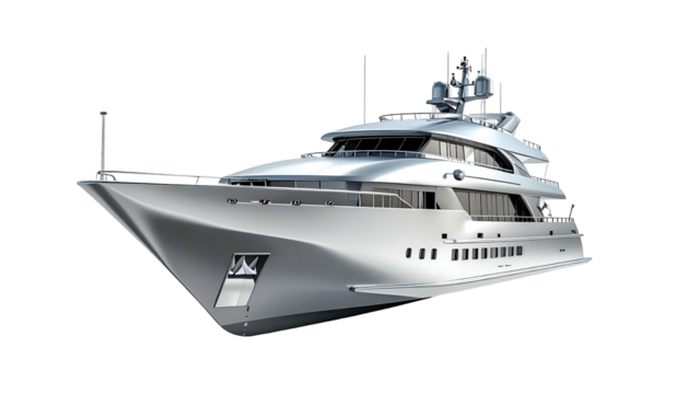 Sleek yacht gleams, silver against a black backdrop