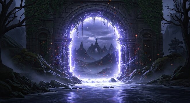 Mystical portal of light, leading to a fantasy realm.