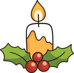 Cartoon collage of golden Christmas candles on holly.