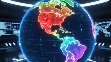 Vibrant 3D digital Earth globe glowing with neon colors, representing global connectivity, data networks, and a futuristic virtual reality experience in a dark technology setting - Powered by Adobe