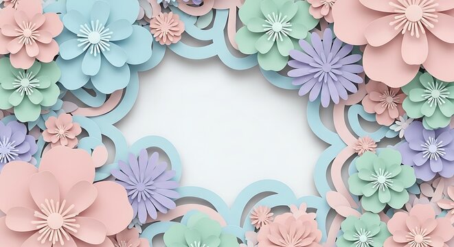 Pastel floral frame with delicate paper flowers in soft hues, creating a whimsical and charming border for invitations and announcements - Powered by Adobe