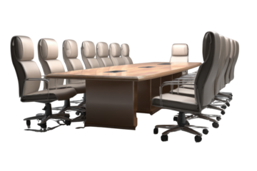 Executive conference room table with multiple chairs arranged around it boardroom office