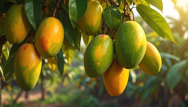 Close-up of ripe, elongated fruits hanging from a tree branch, bathed in warm sunlight. The foliage is lush and green - Powered by Adobe