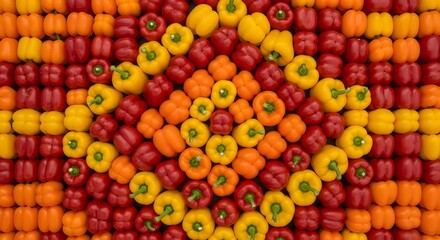 A vibrant geometric mosaic of colorful bell peppers creating a stunning visual display of agricultural abundance and healthy eating concepts