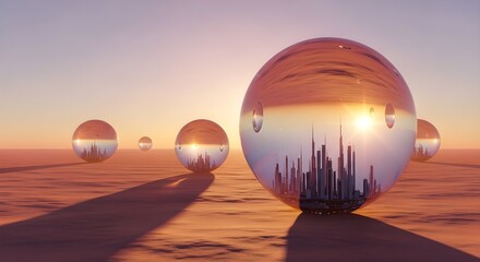 Translucent Bubble Cities Orbiting a Dusty Rose Desert
