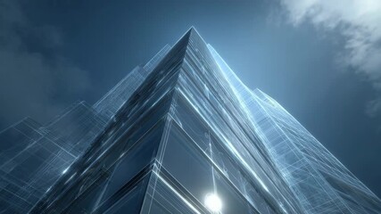 Modern glass skyscraper with wireframe overlay against a bright, cloudy sky - Powered by Adobe