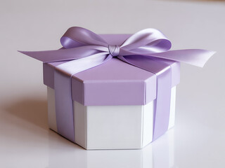 Hexagonal elegant gift box wrapped with lavender ribbon tied in bow
