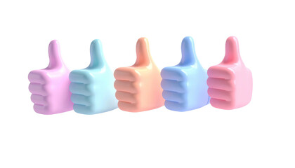 Row of five colorful, glossy thumbs-up gestures on black