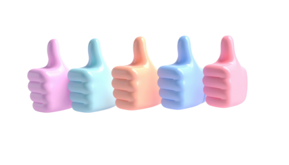 Row of five colorful, glossy thumbs-up gestures on black