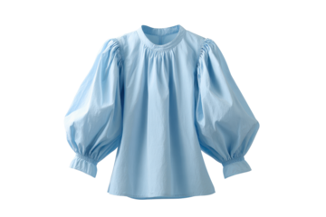 Light blue blouse with gathered neckline and voluminous puffed sleeves shirt