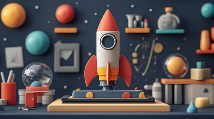 3D Render of a Rocket on a Desk Among Colorful Objects