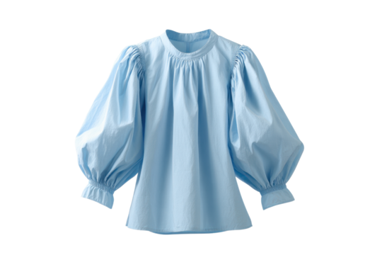 Light blue blouse with gathered neckline and voluminous puffed sleeves shirt