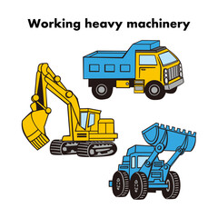 工事現場で働くショベルカー・ダンプカー・ブルドーザーの重機イラストセット