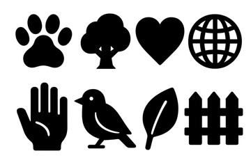 Obraz premium Wildlife Icon Set. Wildlife Welfare Collection silhouette icon set: paw print, tree, heart, globe, hand, bird, leaf, fence.