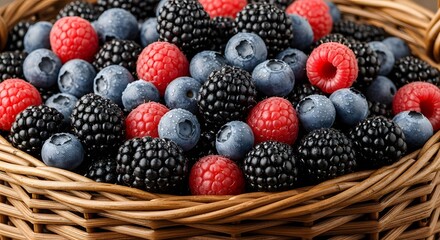 A close-up shot of a woven basket overflowing with a variety of fresh, ripe berries, including blueberries, raspberries, and blackberries