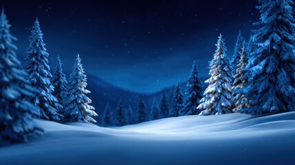 Magical Winter Wonderland with Snow-Covered Trees and Blue Night Sky