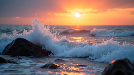 Ocean waves splashing on rocks under sunset glow, purpose for background