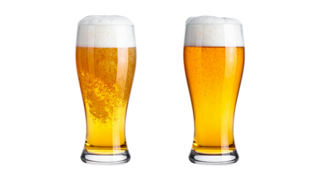 Pair of Foamy Beer Top Views with Golden Bubbles isolated on transparent background - Powered by Adobe