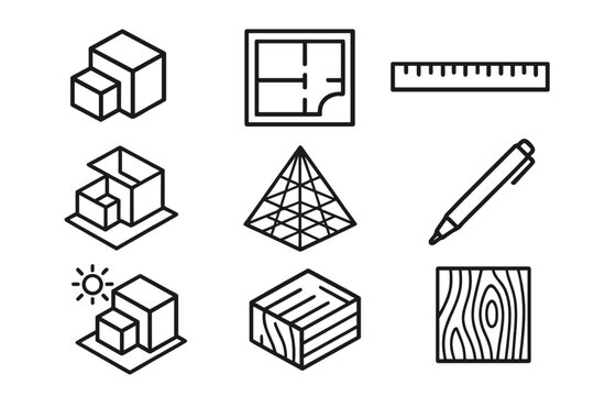 Architectural Design Elements. Architectural Concept Design linear icon set: model block, floor plan, concept sketch, scale ruler, perspective grid, pen, light study, material
