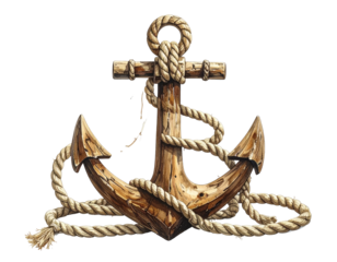 Worn, wooden anchor entwined with thick, knotted ropes