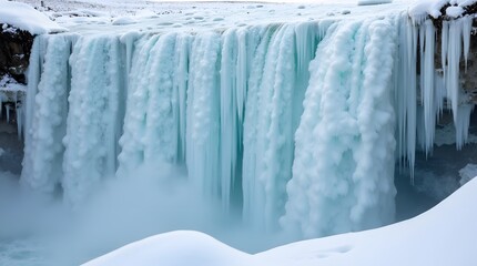 Frozen waterfall cascading down icy cliffs, purpose for background