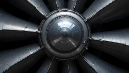 Macro shot of airplane turbine blades with radial symmetry and metallic texture under studio lighting