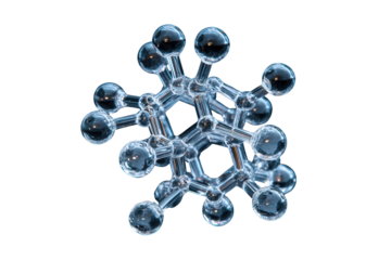 Transparent glass molecule structure with spherical atoms and connecting rods science chemistry