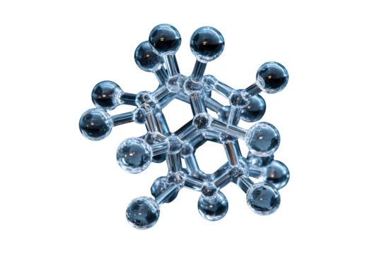 Transparent glass molecule structure with spherical atoms and connecting rods science chemistry - Powered by Adobe