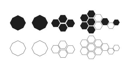 Geometric progression of irregular decagons and hexagonal tessellations in solid and outline forms.