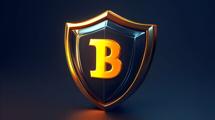 3D Render of Gold and Blue Shield with Glowing Letter B