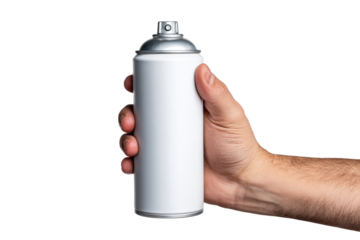 Hand holding white spray can with silver cap against black background image