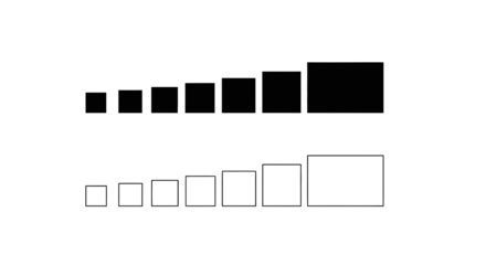 Two rows of squares demonstrating size progression, one solid black and one outlined.