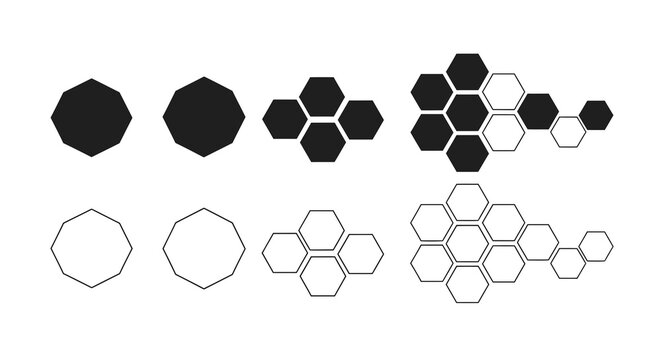 Geometric progression of irregular decagons and hexagonal tessellations in solid and outline forms.