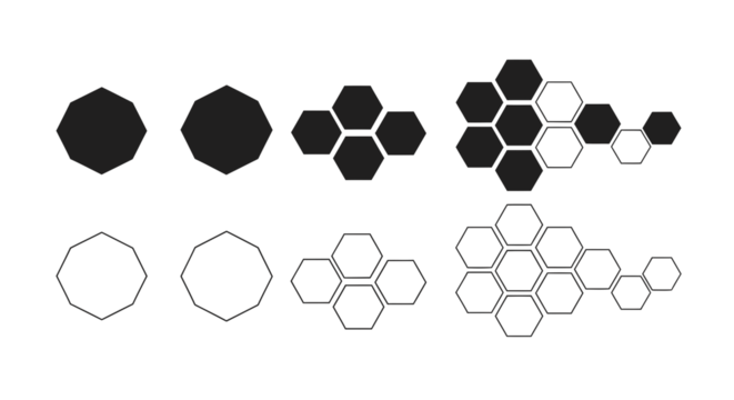 Geometric progression of irregular decagons and hexagonal tessellations in solid and outline forms.