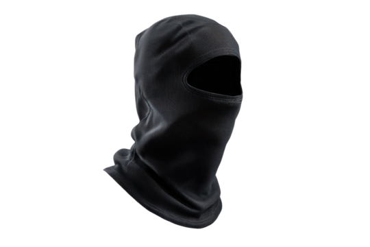 Black balaclava headwear with eye opening on black background mask face