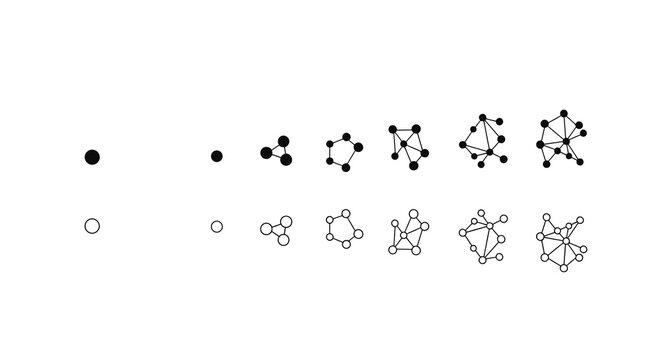 Progression of network complexity illustrated with evolving graph structures in two visual styles.