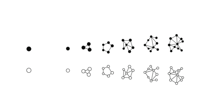 Progression of network complexity illustrated with evolving graph structures in two visual styles. - Powered by Adobe