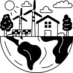 Eco scene of Earth with trees, house, wind turbines and solar panels in Solid line style