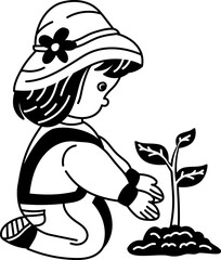 Cute Solid line icon of girl planting small tree, concept of environmental education