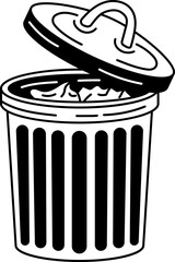 Solid line icon of open trash can with paper waste inside, related to garbage disposal