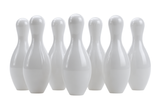 Group of seven white bowling pins arranged in a semi-circle on black background sport game