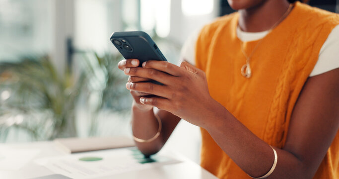 Hands, business and woman in office, smartphone and social media manager with email for subscription. Person, internet and consultant in workplace, cellphone and stats for followers engagement or app