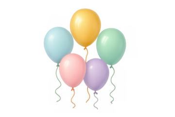 Five helium-filled balloons in soft pastel colors, creating a festive atmosphere for celebrations. Transparent background