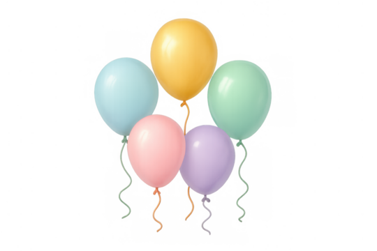 Five helium-filled balloons in soft pastel colors, creating a festive atmosphere for celebrations. Transparent background