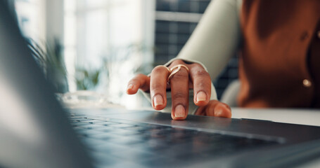 Woman, hands or research in office with laptop for sustainability report, esg policy info or plan....